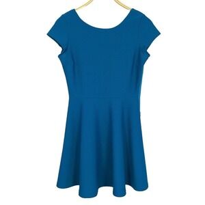Love… Ady Womens LARGE Dress Teal Fit & Flare Round Neck Cap Sleeve Side Zip